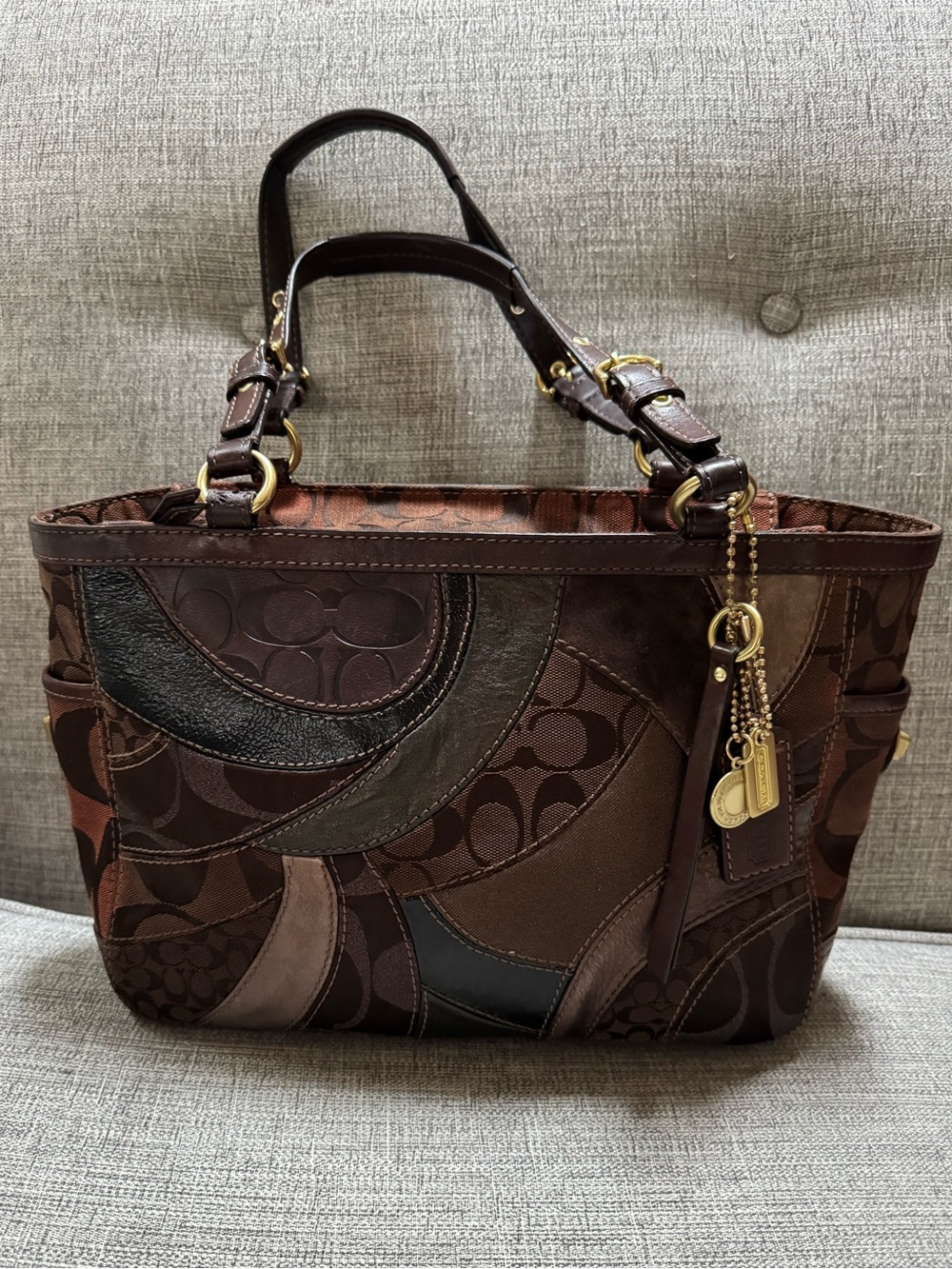 Coach 13516 Mosaic Gallery Signature Swirl Patchwork Y2K Tote Shoulder Brown Bag